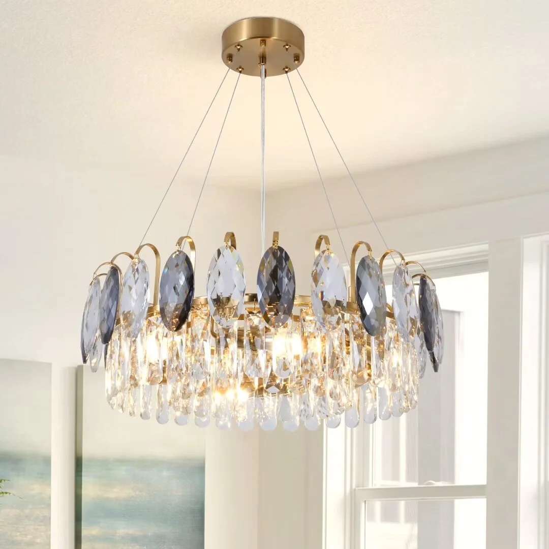 FINE MAKER Modern Crystal Ceiling Light 23.6 Chrome Silver Finish 6 Lights Chandelier Round 3-Tier Light Fixture for Living Room Bedroom