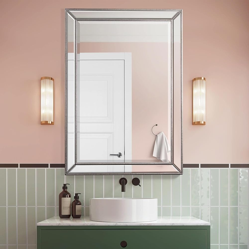 Head West Champagne Silver Metro Beaded Glass Framed Vanity Beveled Mirrors, Bathroom Mirrors, Rectangle Mirrors, Wall Mount Mirrors, Decorative Mirrors, Living Room Mirrors - 30