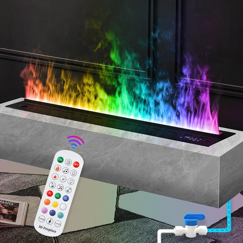 Electric Fireplace with Water Connection Direct,Fireplace with Multicolour Realistic Atomized Flame,with Remote Control Electric Steam Fireplace(Size:L39.37 x W7.87x H8.27 in)