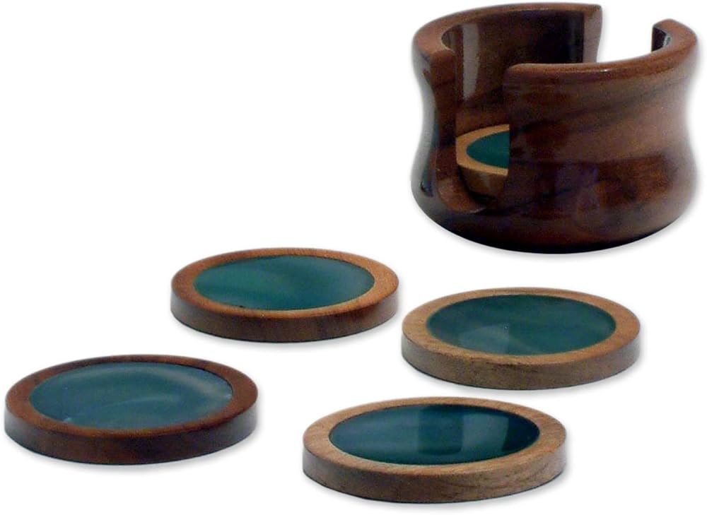 NOVICA Artisan Handmade Green Agate Cedar Coasters 6 Dark with Stand Stonewood Brazil Tableware Barware Backyard Barbeque Gemstone [ 0.4in H x 3in Diam. Standbase 2.6in H x 3.7in Diam.] ' Amazon