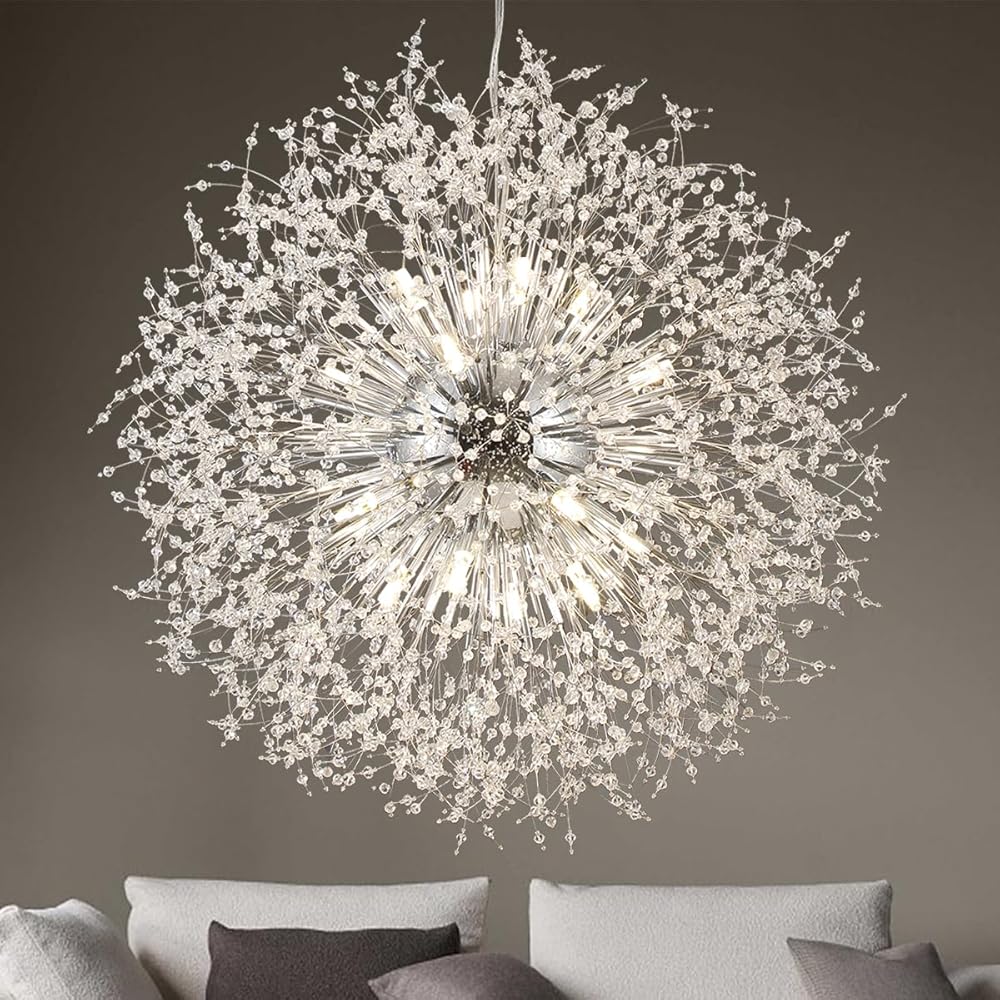 Dandelion Crystal Chandeliers, 16-Light Large Chrome Fireworks Modern Crystal Chandelier, 80W Sputnik Pendant Light Fixtures for Living Room Bedroom Entryway
