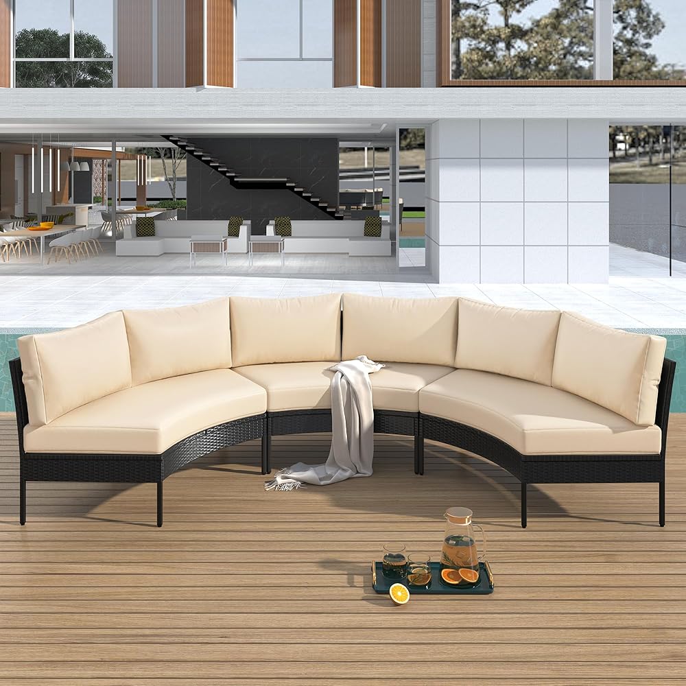 GOWE U_Style Patio Furniture Set, 3 Piece Curved Outdoor Conversation Set, All Weather Sectional Sofa with Cushions