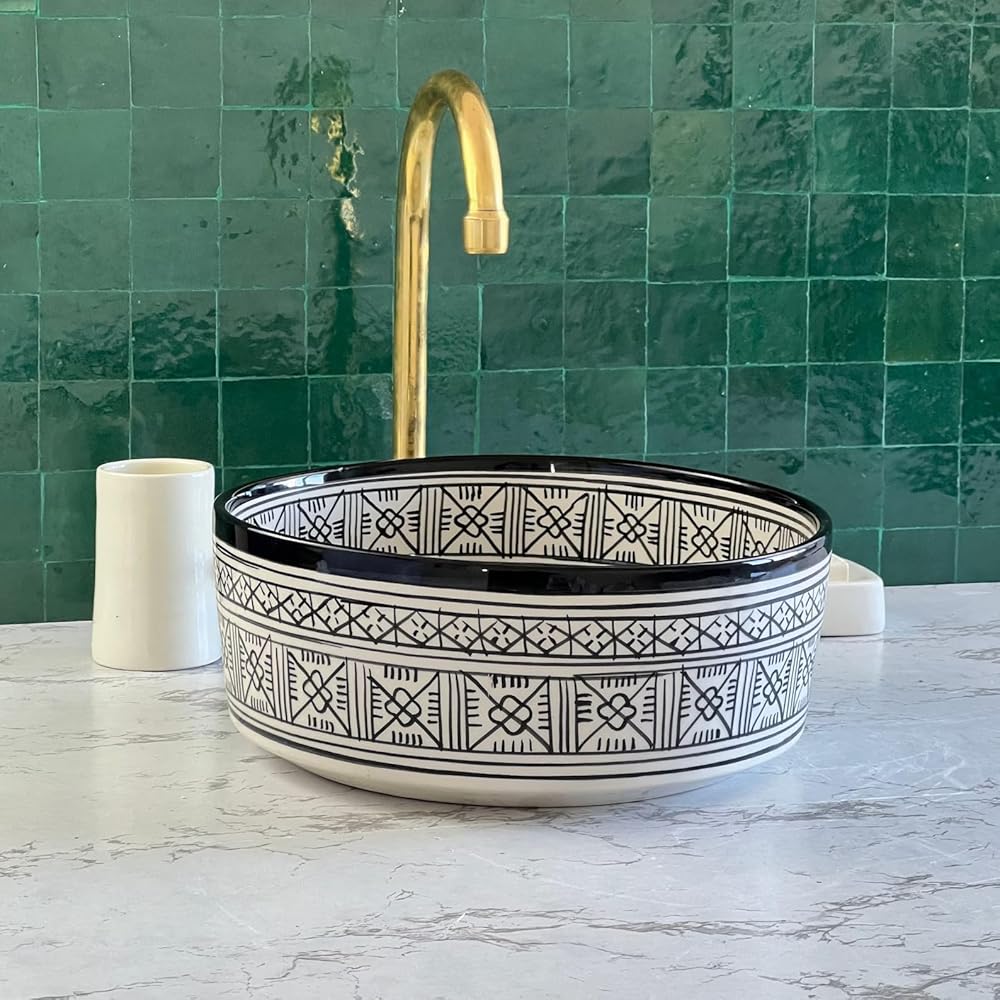 Handmade Countertop Ceramic Wash basin Sink, Patterned Sink Bowl, Hand Painted Above Counter Vanity Vessel Sink, Farmhouse Bathroom Ceramic Basin with 2 Gifts (14