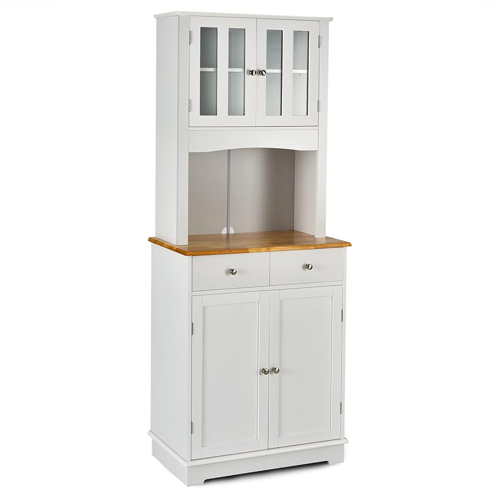 Kitchen Pantry Cabinet, Freestanding Large Storage Cabinet w/Hutch & 2 Drawers, Adjustable Shelves Design, Large Space for Microwave, Rubber Wood Countertop Ideal for Kitchen, Living Room