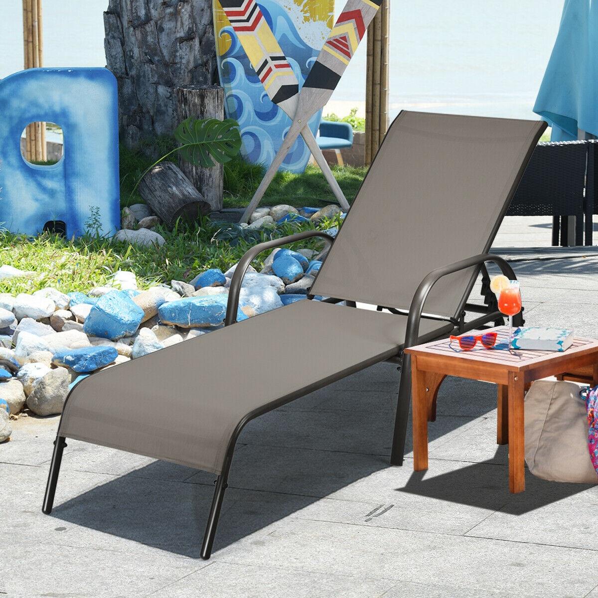 Clihome Outdoor Lounge Chair Brown Steel Frame Stationary Chaise Lounge Chair with Brown Sling Seat