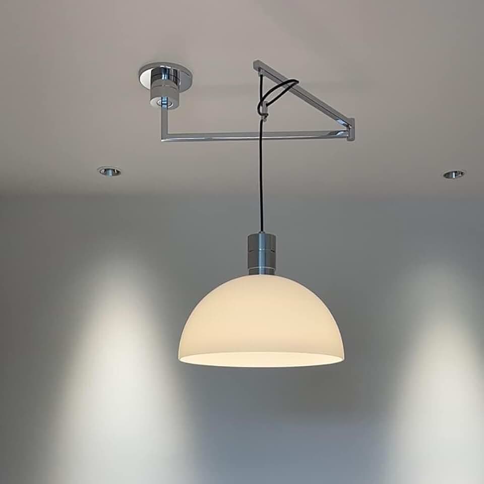 Vintage Swing Arm Light, Black White Glass Hanging Lamps, Industrial Metal Dome Lighting Fixture, Adjustable Long Arm Mid Century Modern Chandelier for Kitchen Island Farmh/a