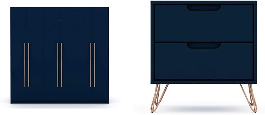 Manhattan Comfort 3-Sectional Blue Armoire Wardrobe Closet and 2-Drawer Midnight Blue Nightstand