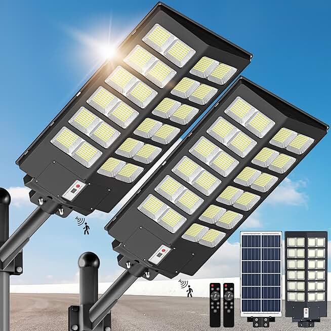 2 Pack Solar Street Lights Outdoor - 3800W Wide Angle Solar Lights Outdoor, Solar Parking Lot Lights Dusk to Dawn, 6500K Street Lights Solar Powered with Motion Sensor for Yard, Stadium