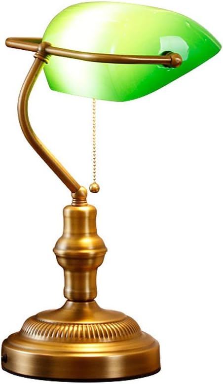 Modern Desk Lamp Traditional Banker's Lamp-Antique Style Emerald Green Glass Desk Light Fixture-Satin Brass Finish-Metal Beaded Pull Cord Switch Attached Decor (Color : Green, Size : 02)