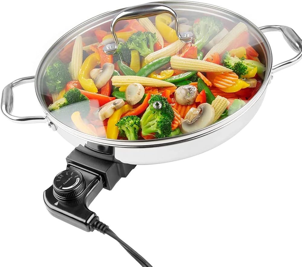 Electric Skillet By Cucina Pro - 18/10 Stainless Steel Frying Pan with Tempered Glass Lid and Handles, 12