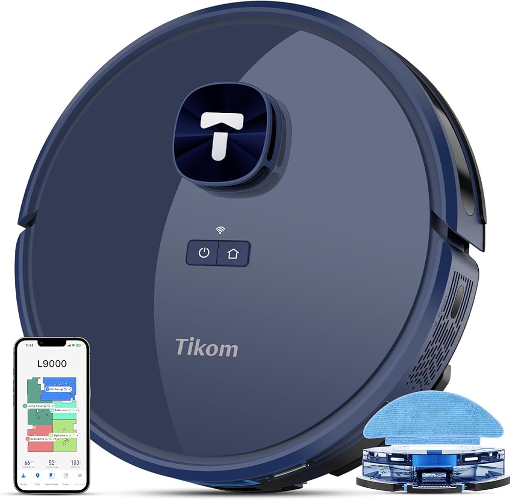Tikom Robot Vacuum and Mop Combo, LiDAR Navigation, L9000 Robotic Vacuum Cleaner, 4000Pa Suction, 150Mins Max, 14 No-go Zones, Smart Mapping, Good for Pet Hair, Carpet, Hard Floor