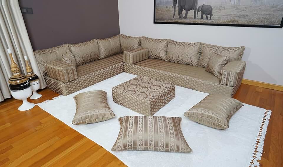L Shaped Bench Cushion, Arabic Couch, Moroccan Sofa Set, Turkish Floor Sofa, Diwan Sofa, Floor Pillow, Arabic Seating Sofa Set (8'' Thickness Sofa, L Sofa + Ottoman + Pillows, Royal Gold)