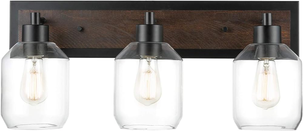 Globe Electric Williamsburg 3-Light Vanity Light, Matte Black, Faux Wood Accent, Clear Glass Shades