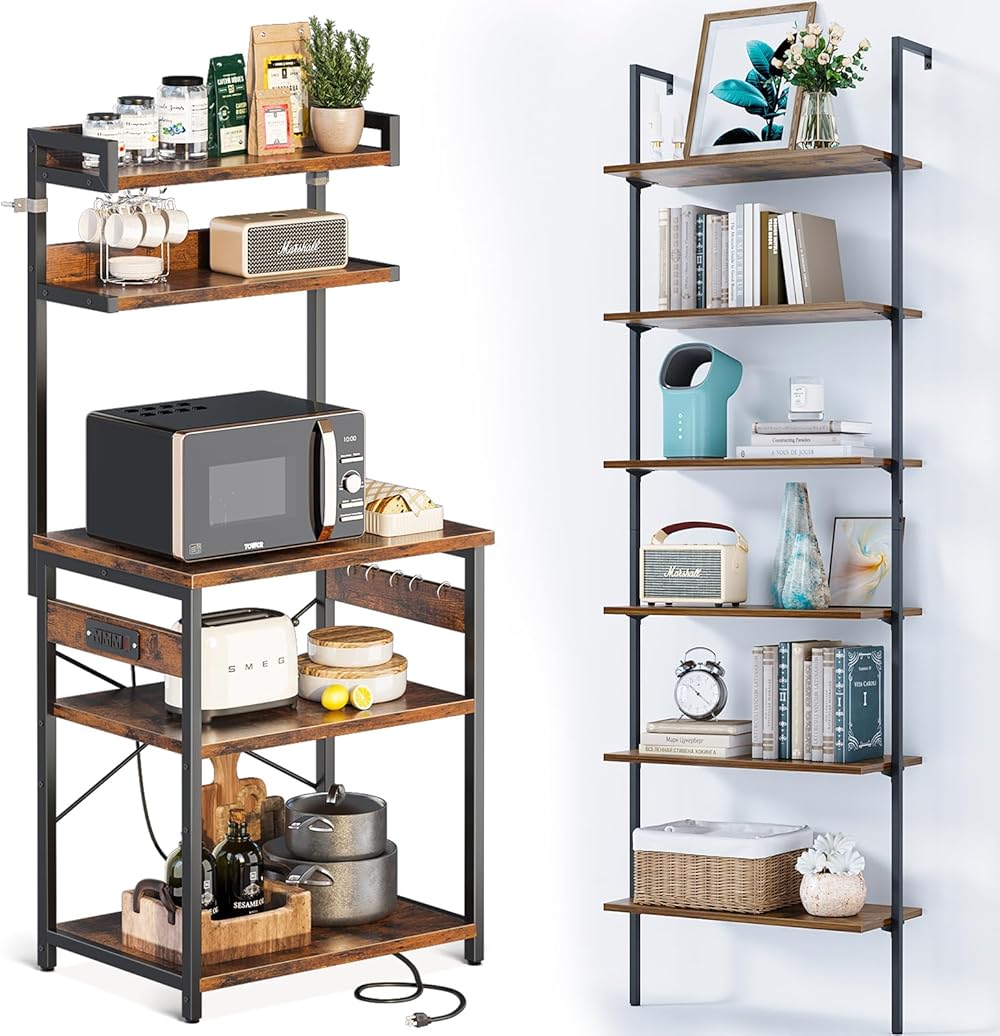 Bakers Rack with Power Outlet, Kitchen Rack Storage Shelf 16.5 * 23.6 * 59 inches&ODK 6-Tier Ladder Shelf, 87 Inches Wall Mounted Ladder Bookshelf with Metal Frame