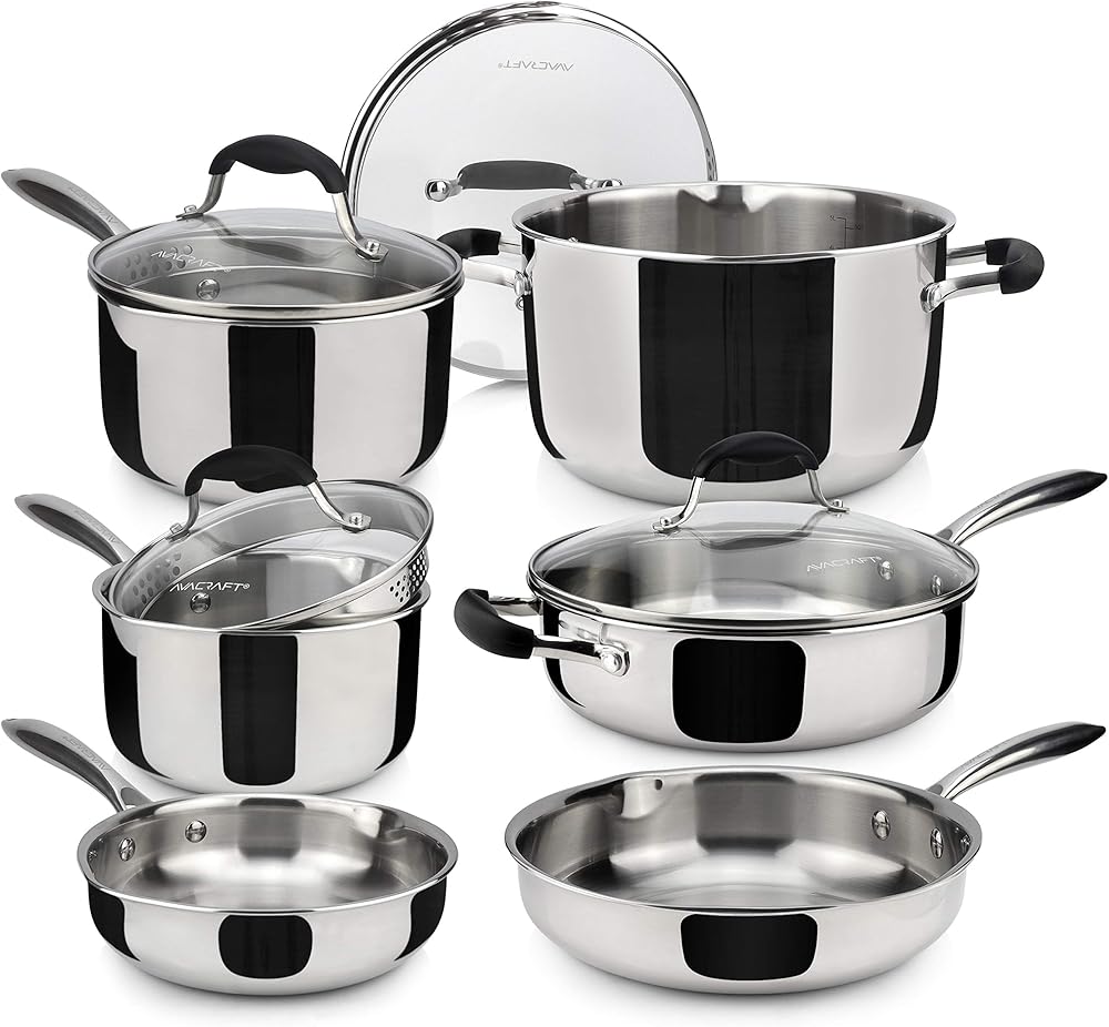 AVACRAFT 18/10 Stainless Steel Cookware Set, Premium Pots and Pans Set, Kitchen Essentials for cooking, Multi-Ply Body Stainless Steel Pan Set, 10-Piece Sets