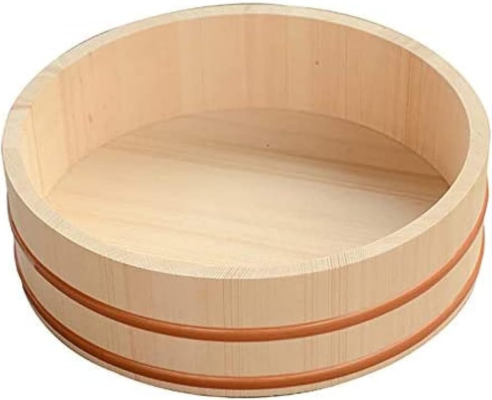 Wooden Sushi Rice Mixing Bowl,Japanese Cuisine Wooden Barrel,Rice Making Pan Tub with Copper Banding for Sushi Restaurant-36x9cm