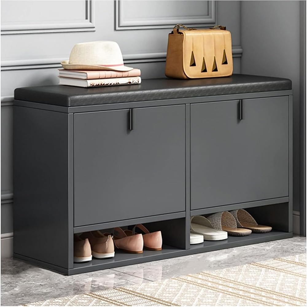 Shoe Storage Bench Entryway Hallway Furniture, Upholstered Footstool Nordic Shoe Changing Stool Home Solid Wood Shoe Cabinet Soft Bag Cushion Sofa Bench Storage Shoe Rack(Black)