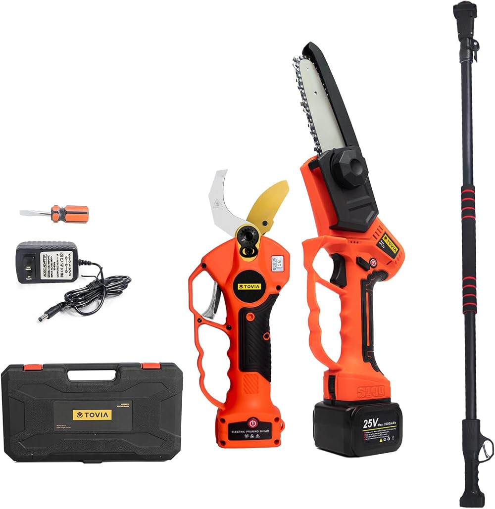 T TOVIA Cordless Electric Pruning Shears Body & Cordless Mini Chainsaw with a Battery, Charger and 10ft Telescopic Extension Pole