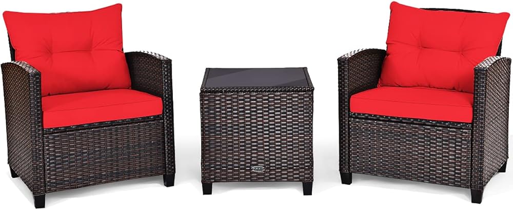 ARLIME 3 Piece Outdoor Patio Furniture Set, All-Weather PE Rattan Wicker Sofa Set w/Removable & Washable Cushion, Modern Conversation Sofa for Garden, Balcony, Swimming Pool, Patio (Red)