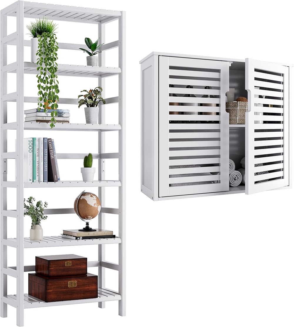 White Bathroom Cabinet Wall Mounted and Bamboo Tall Bookshelf, Space Saving Storage Organizer with Adjustable Shelf