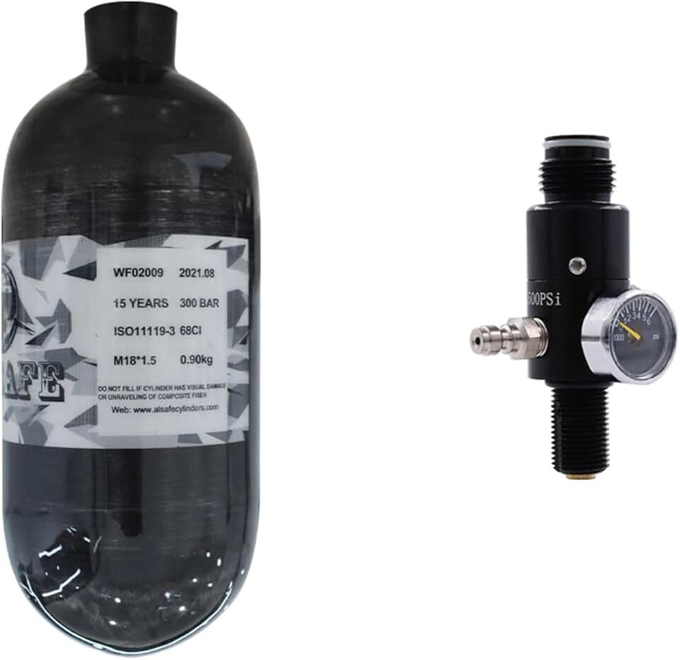 Carbon Fiber HPA Tank - 68Ci/4500Psi LITE,with Regulator Valve Outlet 2200Psi,Pcp Filling Station,Gas Cylinder,Paintball Hunting for PCP Air Rifle Gun Daystate and FX Thread M18 * 1.5