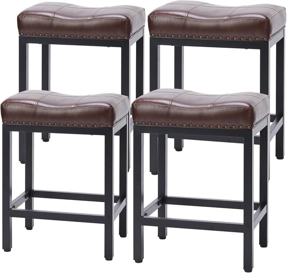 Sweetcrispy Bar Stools Set of 4, Counter Height 24 inch Saddle Stools, Modern PU Leather Barstools with Metal Base and Footrest, Upholstered Bar Chair for Kitchen Island, Brown
