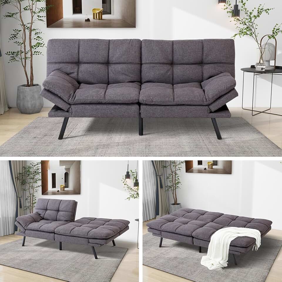 Maxspeed Futon Sofa Bed Memory Foam Couch Convertible Sleeper Modern Folding Love Seat for Living Room,Apartment,Office,Small Spaces,with Adjustable Armrest&Backrest Sofabed, Grey