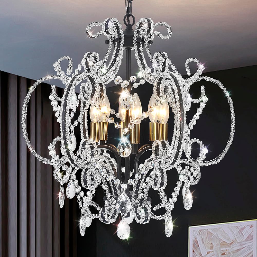 Modern Black Gold Crystal Chandelier Dining Room 6-Lights Crystal Pendant Light Fixture for Foyer Bedroom Living Room Hallway Kitchen