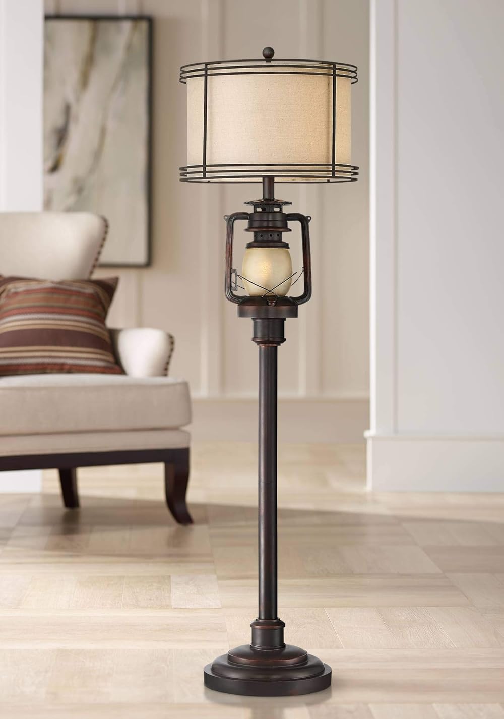 Barnes and Ivy Henson Rustic Industrial Farmhouse Standing Floor Lamp with Night Light Glass 63