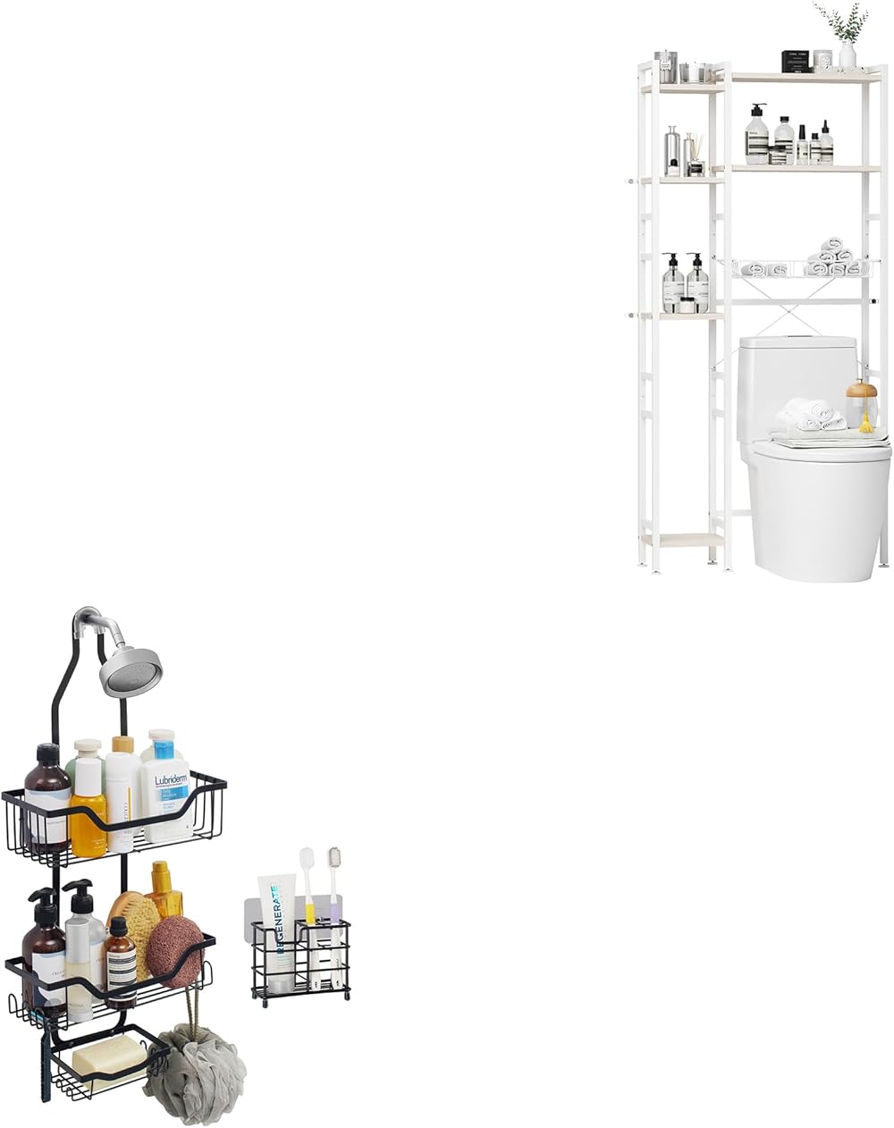 GRANNY SAYS Bundle of 1-Pack White Over The Toilet Storage Shelf & 1-Pack Black Shower Caddy with Toothbrush Holder.