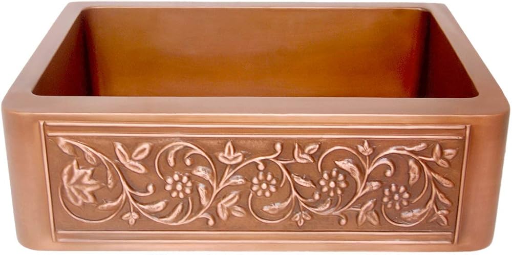 Vine Design Copper Farmhouse Sink - Smooth Interior - Vine Pattern on Apron - Copper Antique Finish