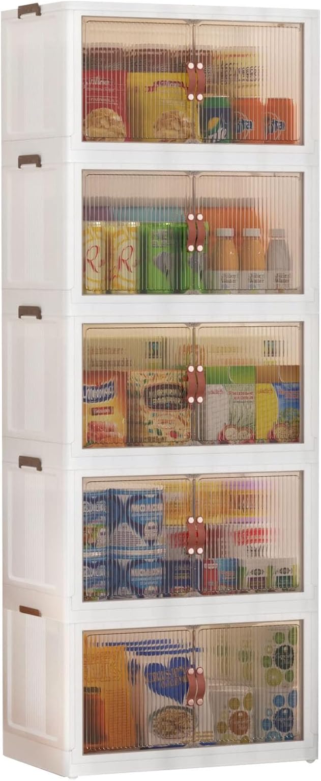 5 Layers Stackable Storage Bins, Large Collapsible Storage Cabinet with Lid for Closet Organizers and Storage, Folding Storage Box Open Front Door for Toys, Books, Snacks, Clothes