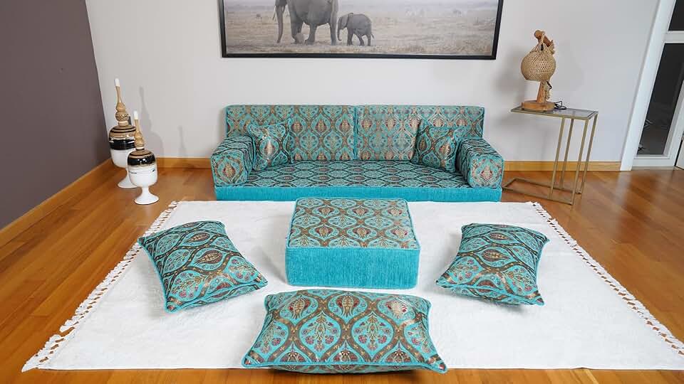 Turquoise Arabic Sofa, Floor Cushion, Turkish Floor Sofa, Arabic Majlis, Bench Cushion, Floor Pillow, Arabic Couch, Moroccan Furniture (4'' Thickness Sofa, Sofa + Ottoman + Pillows)