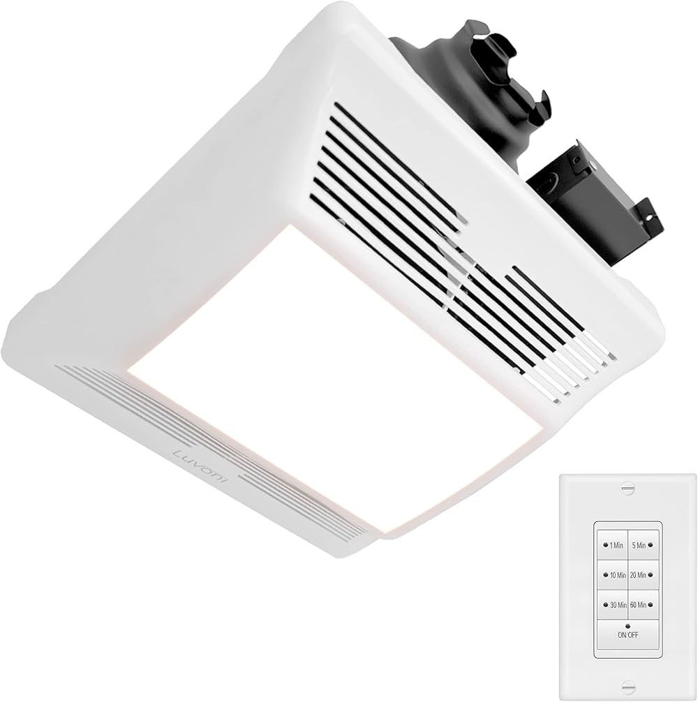 Maxxima Luvoni 90 CFM Bathroom Exhaust and Ventilation Fan with Light, 1 Sone Quiet Operation, 1875 Watt 7 Button Timer Switch, Max 60 Min Delay