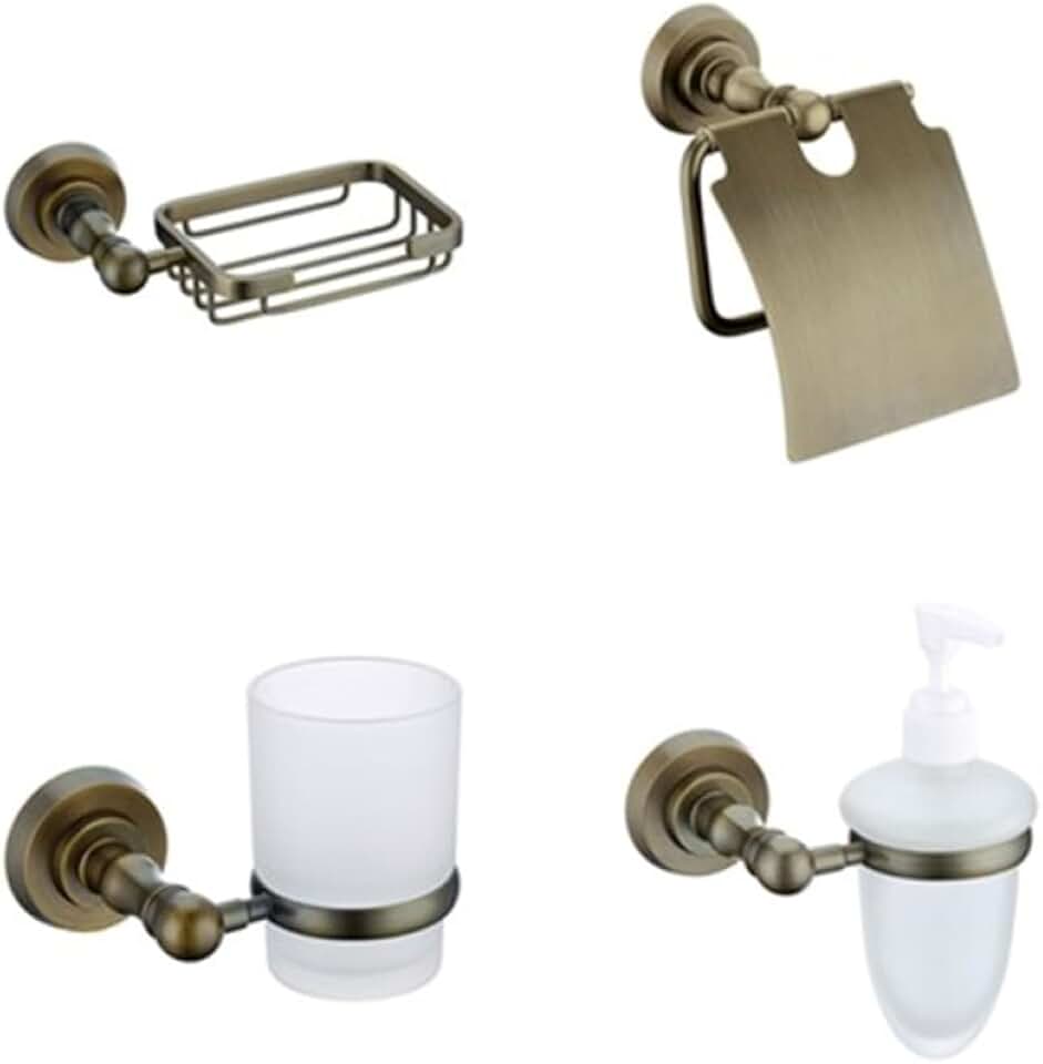 OAKITA Antique Brass Solid Brass Bathroom Hardware Accessory Set Paper Holder Soap Basket Soap Dispenser Single Toothbrush Cup,A