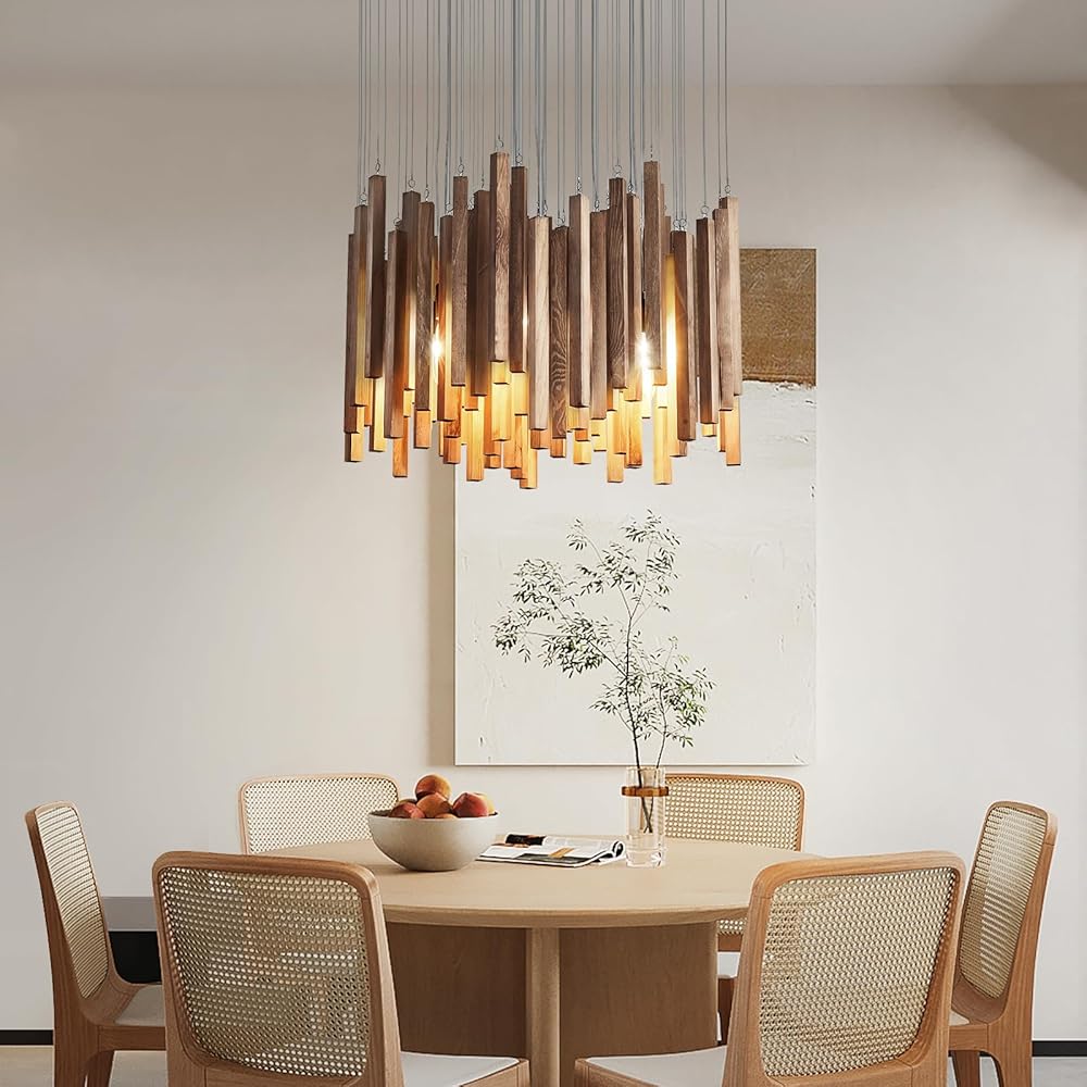 8 Light Farmhouse Wood High Ceiling Chandelier RusticLarge Ceiling Light Fixture Adjustable Hanging Pendat Light for Dining Room Living Room Foyer Staircases Kitchen Island.