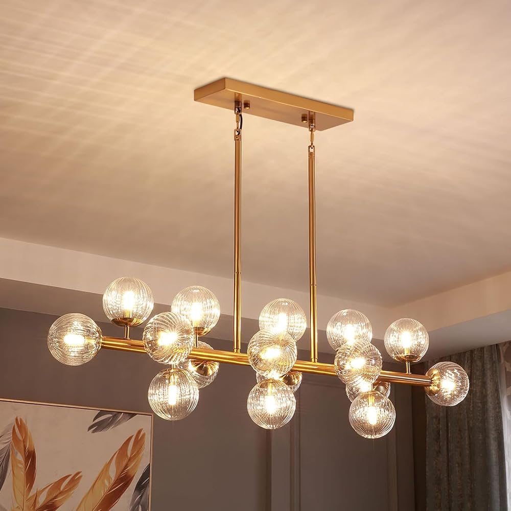 16 Lights Modern Rectangle Chandelier Gold Pendant Ceiling Light Fixture Clear Glass Shades Gold Chandeliers for Dining Room Kitchen Island
