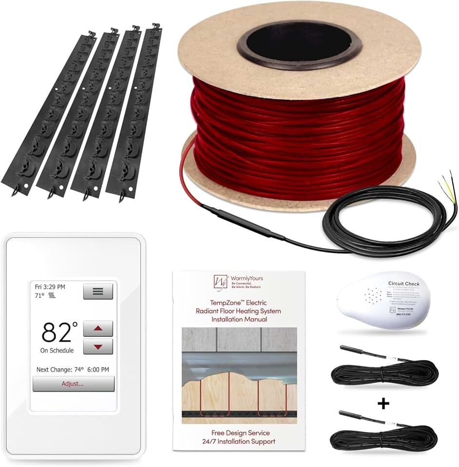 WarmlyYours 60 sqft (120V) Electric Radiant Floor Heating System Cable Kit with Underfloor Heated Cable, Touchscreen Programmable Thermostat, Floor Sensor, and Circuit Tester