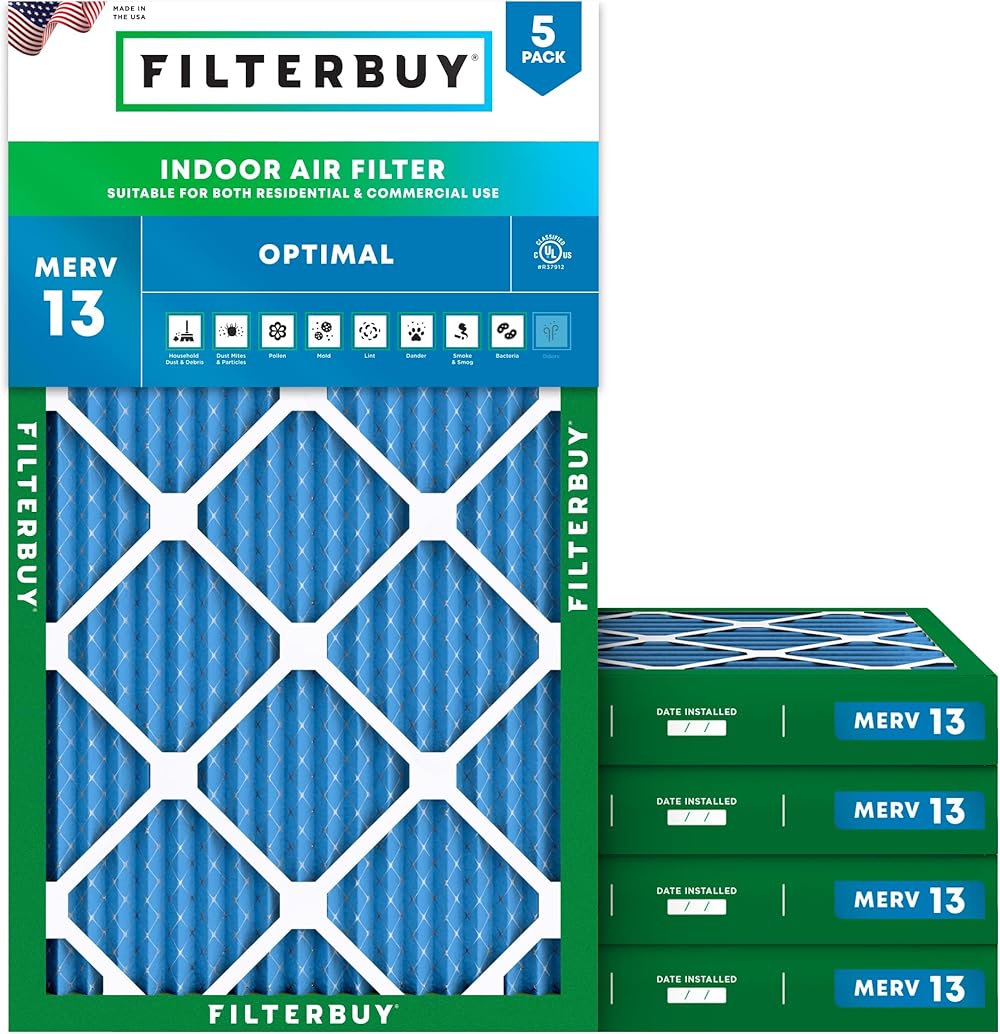 Filterbuy 16x30x2 Air Filter MERV 13 Optimal Defense (5-Pack), Pleated HVAC AC Furnace Air Filters Replacement (Actual Size: 15.88 x 29.88 x 1.75 Inches)