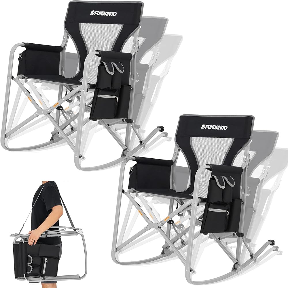 Rocking Camping Chairs for Adults Portable Rocking Chair Outdoor Folding, Rocker Camp Chair with Side Pocket for Picnic Outside Backyard Patio Lawn Garden