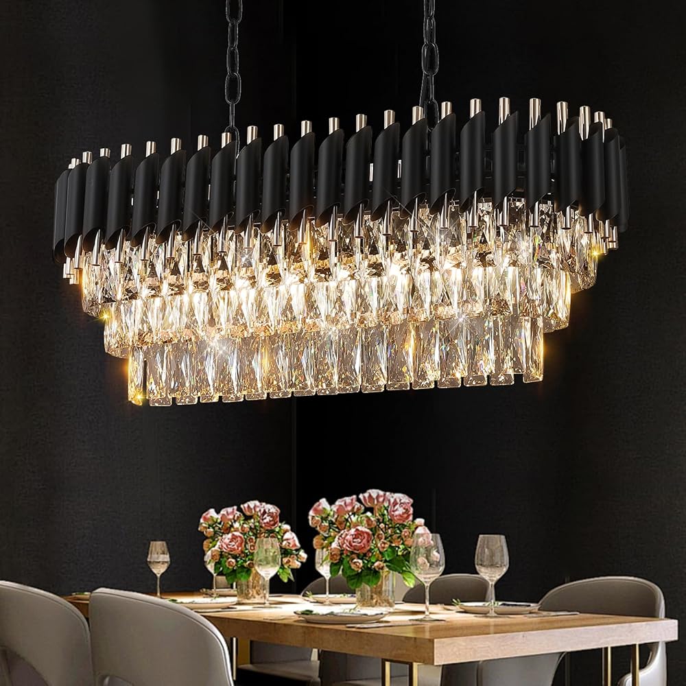 Modern Rectangular Chandelier Black and Gold Crystal Chandeliers for Dining Room Linear Ceiling Pendant Light Long 32” Luxury Oval Chandelier 8 Lights for Kitchen Island Living Room