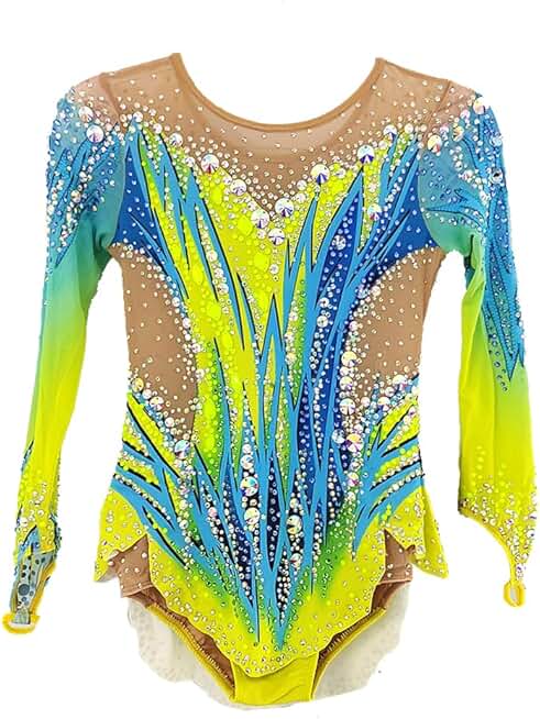 Blue and Yellow Girl's Long Sleeved Artistic Gymnastics Clothing Elegant and Comfortable