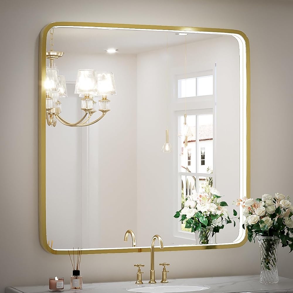 36X36 Inch LED Bathroom Mirrors,Gold Framed Dimmable Lighted Mirror for Wall, Bathroom Vanity Mirror with Lights, Anti Fog Design&6000K&Touch Switch