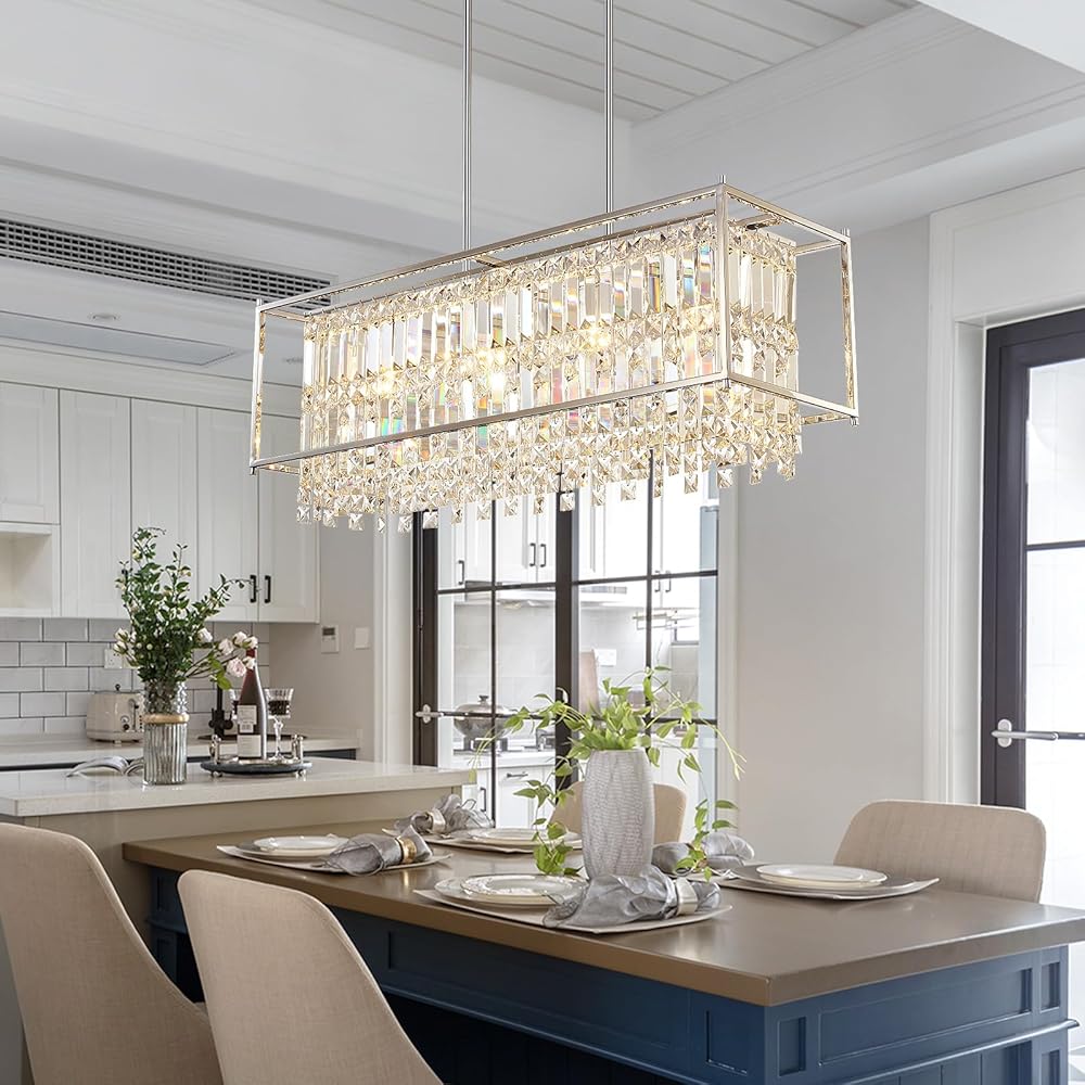 Modern Rectangular Crystal Chandelier, Rectangle Chrome Pendant Light Fixtures Hanging Chandelier Lighting for Dining Room Kitchen Living Room Bedroom