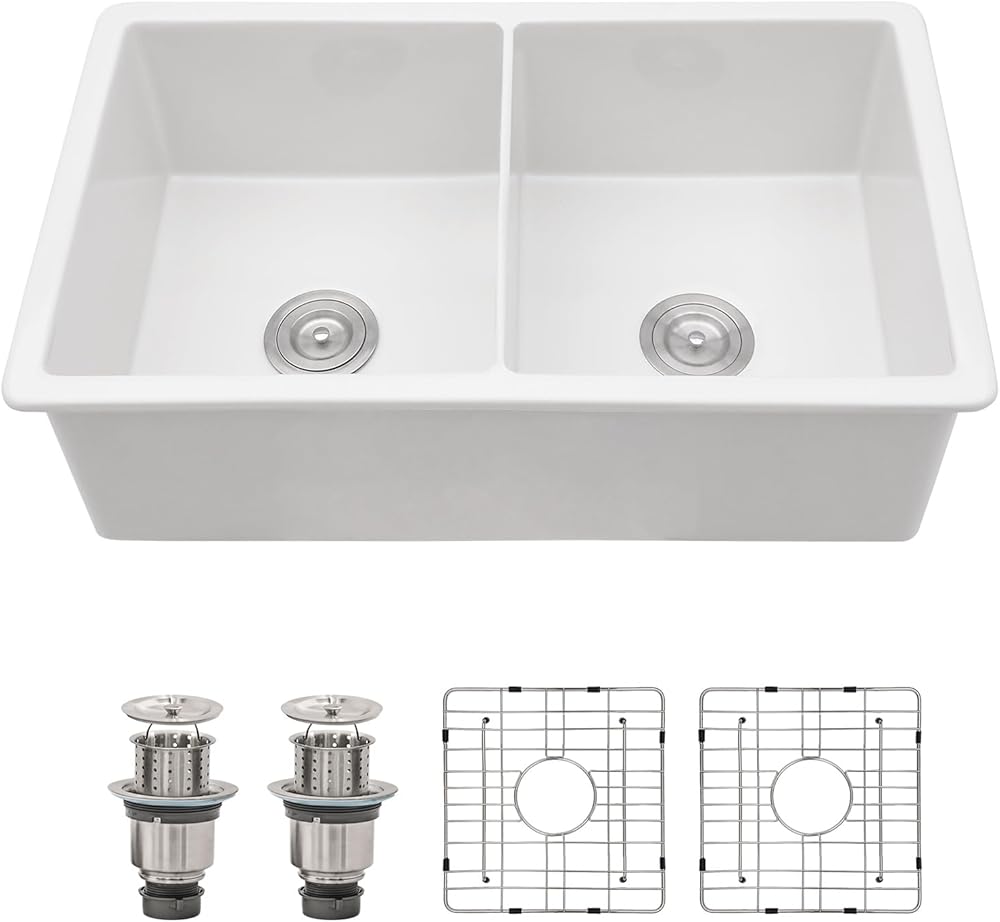 Dcolora 32 Inch White Fireclay Undermount Kitchen Sink Porcelain Double Bowl 50/50 Split Sinks Dual Mount Ceramic Sink Under Counter, 32