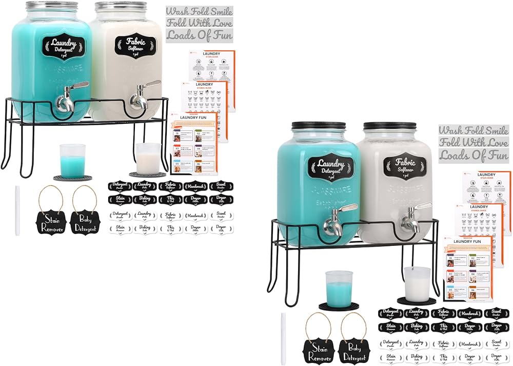 AMEY 1 Gallon Decorative Fabric Softener & Laundry Soap Dispenser - SS Lid & Black Lid