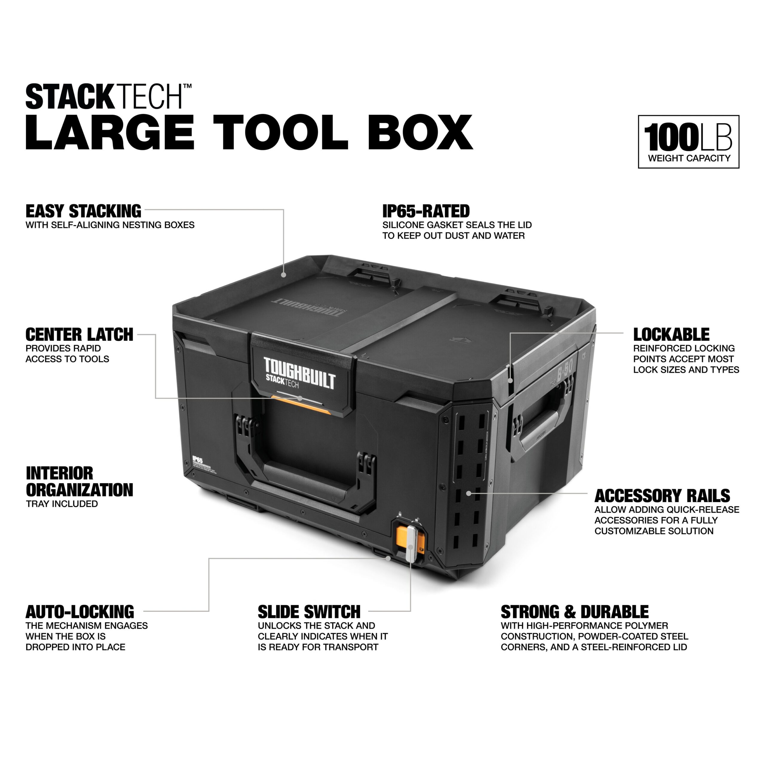 TOUGHBUILT StackTech Large 21-in Black Plastic Lockable Tool Box
