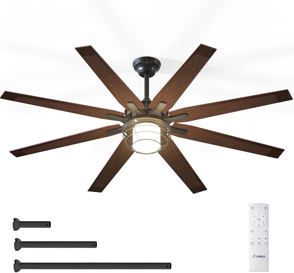Amico Ceiling Fans with Lights, 66'' Indoor/Outdoor Black Ceiling Fan with Remote Control, Reversible DC Motor, 8 Blades, 3CCT, Dimmable, Noiseless, Vintage Ceiling Fan for Bedroom, Farmhouse