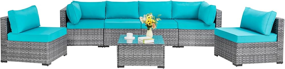 Shintenchi 7 Pieces Outdoor Patio Sectional Sofa Couch, Silver Gray PE Wicker Furniture Conversation Sets with Washable Cushions & Glass Coffee Table for Garden, Poolside, Backyard (Sky Blue)