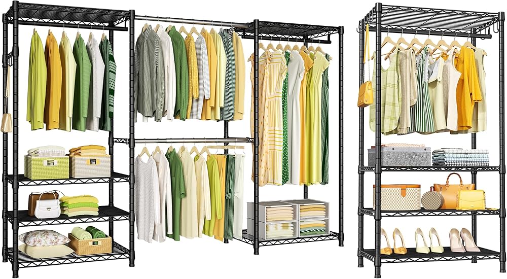 Ulif E1 and Portable Garment Rack Bundle Black, Clothes Rack, and Closet Storage System with Shelves and Expandable Hanger Rods, Freestanding Clothing Rack